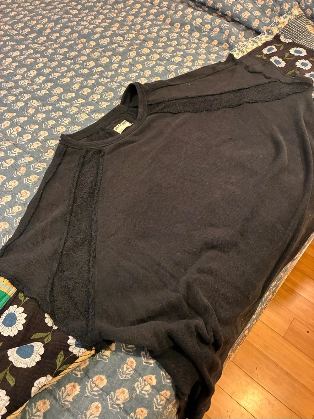 FREE PEOPLE We The Free Black Sweatshirt with Colorful Patchwork Sleeves sz M -